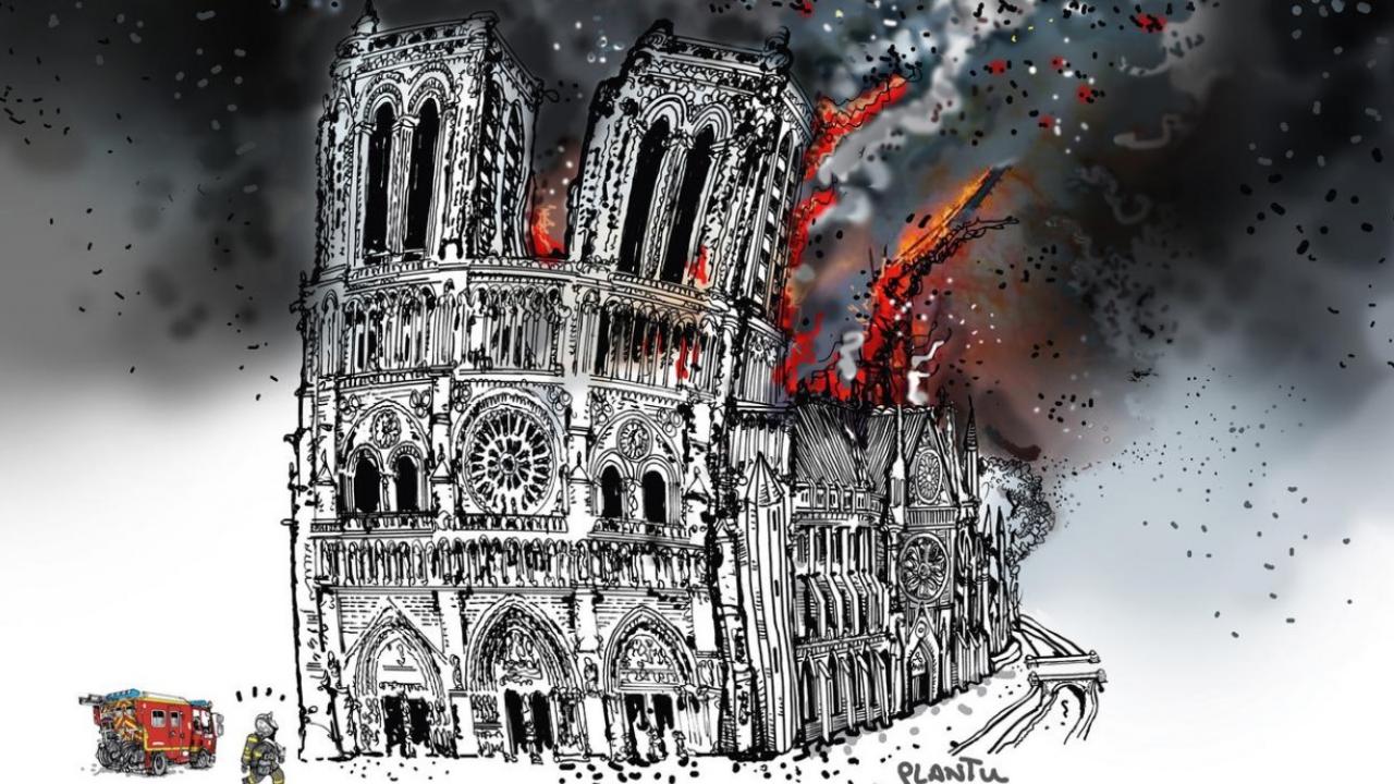 Plantu dessine l'affiche de Notre-Dame brûle pour Jean-Jacques Annaud