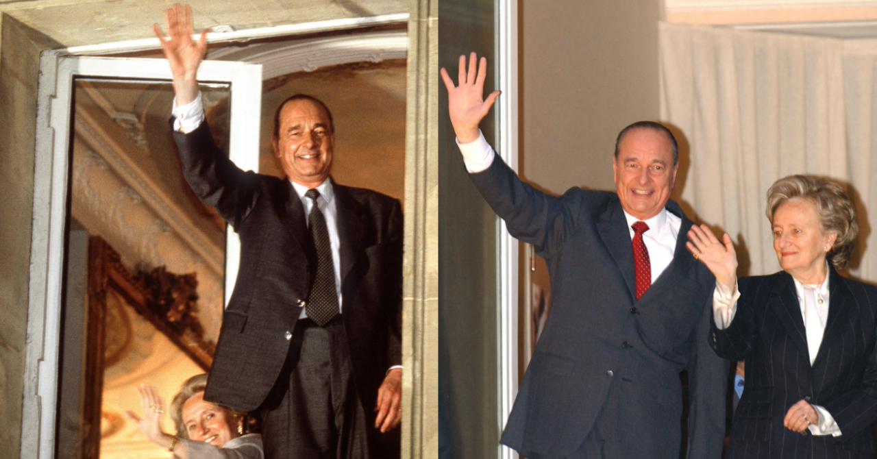 Jacques Chirac & sa femme Bernadette le soir de sa victoire au second tour de l'election presidentielle le 7 Mai 1995/Le couple lors de la réélection de Jacques Chirac le 9 mai 2002